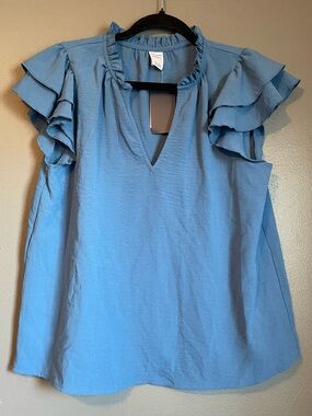 NWT Melrose and Market Sz Small Womes Blue Flutter Sleeve Blouse Top Ret $32!